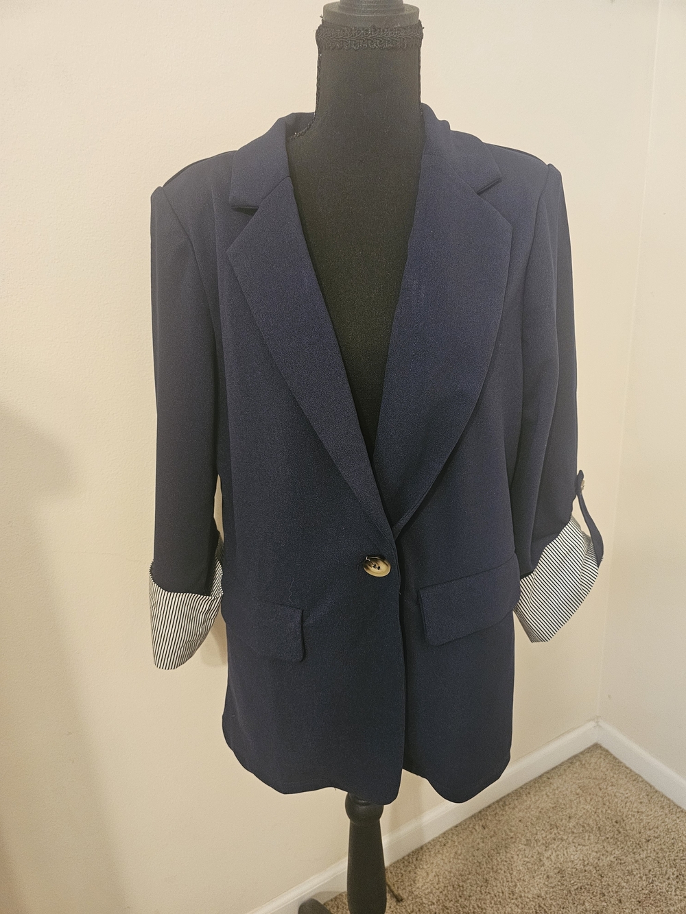 SHEIN Navy Single-Button Blazer with Striped Roll-Tab Cuffs